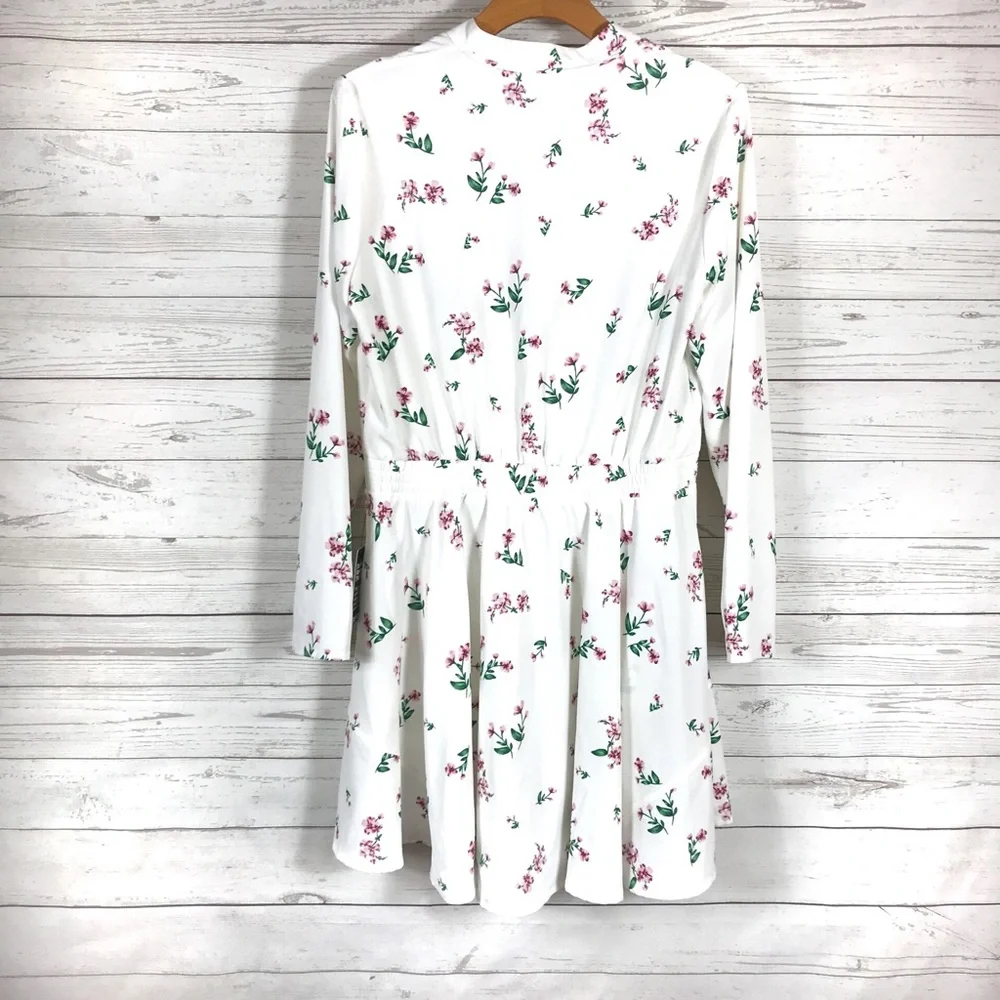 Express Dress NEW Floral Tie Neck Gathered Waist - Picture 4 of 7